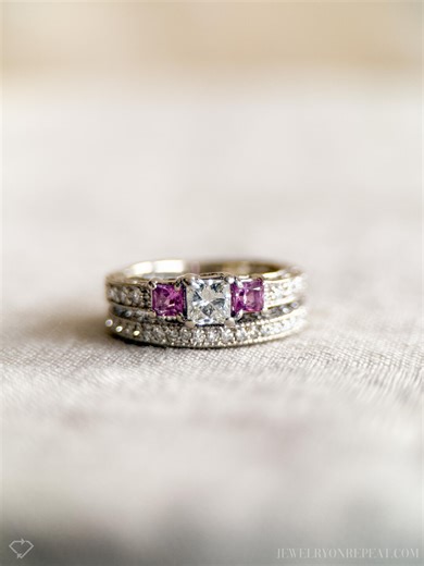 Vintage Diamond & Pink Sapphire Engagement Ring, Princess Cut, 14k White Gold, Filigree Bridal Set - Etsy