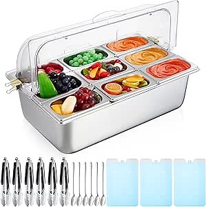 Condiment Tray Stainless Steel Serving Display Set with Lid for Buffet Restaurant Kitchen, Food Chilled Container for Salad Fruit Condiments, Keeps Food Fresh with Ice Box(9 Compartments)