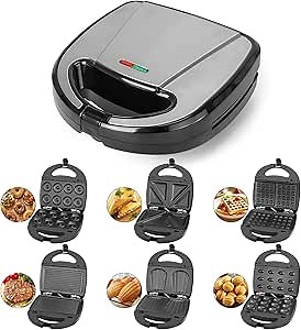 6 in 1 Mini Waffle Maker with Removable Plates, Mini Donut Maker Machine Multi Breakfast Sandwich Maker with Non-stick Surface for Snack, Breakfast