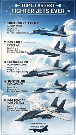 Top 5 Largest Fighter Jets Ever Built | Su-27, F-15, J-20, Su-57 & F-14 Size Comparison #fighterjet