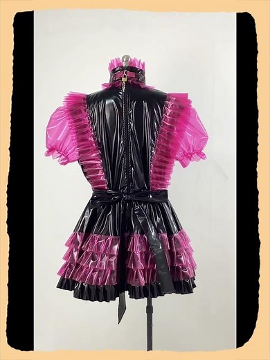 Sissy Lockable Black PVC Patchwork Maid Unifroms Fetish Clear Plastic Maid Dress with Apron