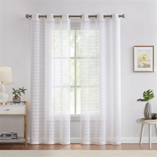 Fragrantex Stripe Sheer Curtains 84 inches Long Off White for Living Room Linen Texture Horizontal Ticking Curtain Voile Grommet Top 40"Wx84"L 2 Panels