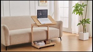 Uniclinens Rolling Side Table Desk Sofa - C Shape Couch End Table with Wheels, Mobile Wooden Slim Sofa Tray, Movable Small Couch Desk for Living Room Bedroom, Natural