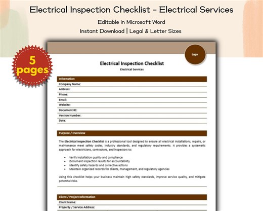 Electrical Inspection Checklist Editable and Printable Template, Electrical Contractors and Service Companies, Home Service Providers - Etsy