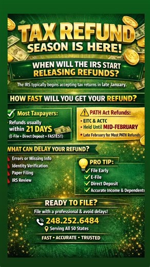 💰Refunds at Large💰 on Instagram: "💰 TAX REFUND SEASON IS HERE! 💰 Wondering when your refund will hit? Here’s what to know ⬇️ ✅ Most taxpayers receive refunds within 21 days of acceptance when filing electronically with direct deposit. ⚠️ If you claim EITC or ACTC, refunds are held until mid-February, with most releasing late February due to the PATH Act. 🚨 Refunds may be delayed if there are errors, missing info, identity verification, or paper filing. 💡 Pro Tip: File early • E-file • Dire