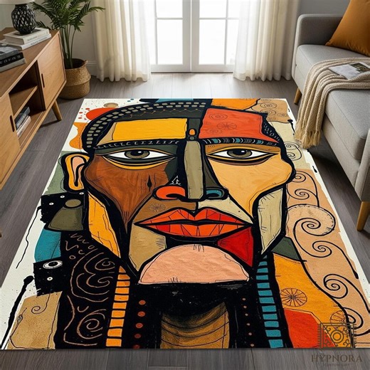 Abstract Tribal Face Rug – Modern Ethnic Portrait Tile Mat Art Decor - Etsy