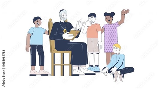 Catholic priest teaching children Bible stories cartoon animation. Christian faith education. Sunday school. Diverse kids listening animated flat 2D characters 4K video isolated on white, scene