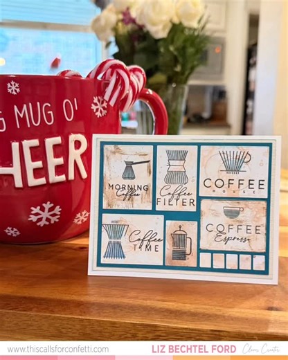 Liz Ford on Instagram: "Coffee time for you and me! Brought to you, by me & @thiscallsfor_confetti ‘s following products: 📌 Pin and Plan Die ☕️ Freshly Filtered 🤎 Daily Grind Paper Pad Isn’t this a great card to send to a pal you wanna drink some ☕️with?🤎! Using the recently released Pin 📌 and Plan die, I reorganized my layout w/ the coffee paper die cut rectangles, in a manner pleasing to the eye — adding additional rings of coffee with distress ink & stamping the sentiments/images. Possibl