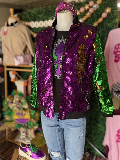 Mardi Gras Reversible Sequin Bomber Jacket for Mardi Gras Parade - Etsy