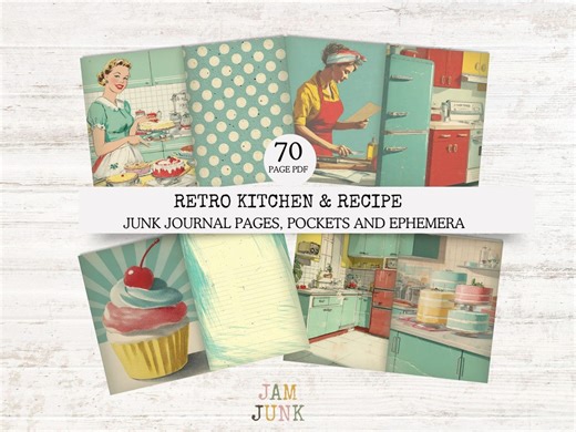 Retro Kitchen Recipe Junk Journal Kit, 70 Page PDF, Recipe Cards, Shopping Lists, Menus, Folding Pages, DIY Recipe Book Download - Etsy