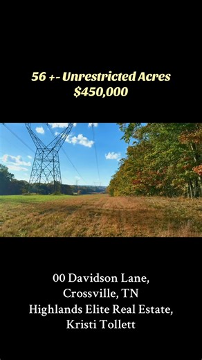 📍00 Davidson Lane, Crossville, TN 38571 🌳56 /- Unrestricted Acres in Crossville - Great Location with Endless Potential! 💥Discover the perfect opportunity to own 56 /- unrestricted acres in Crossville, TN! Located just 10 minutes from the interstate, this expansive property offers limitless possibilities whether you're looking to build your dream home, start a farm, develop a subdivision, or create a private retreat. ✅With public water, gas, and electricity available at the road, this land is