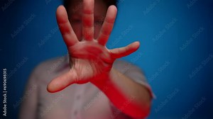 Man presses palm of hand against glass. Businessperson scans handprint.