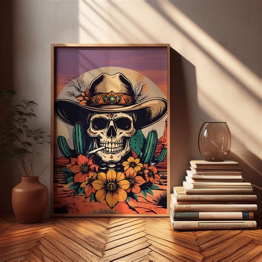 Cowboy Skeleton Skull Art Print | Retro 70s Western Poster | Neo Traditional Tattoo Download | Desert Flower Cactus Decor - Etsy