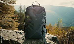 The backpack is placed on a rock in a natural setting, with forest and hills on background. Backpack promotion.
