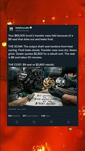 Your $65,000 truck's transfer case fails because of a $9 seal that dries out and leaks fluid.