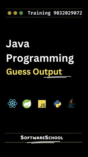 SoftwareSchool Coding Tutorials on Instagram: "❓ Guess the Output (Java) int a = 5; System.out.println(a++ + ++a); Step-by-step 👇 ➡️ a++ → use 5, then a becomes 6 ➡️ ++a → first increment → 7 👉 Output = 12 ✅ Ee logic cheppagaligithe 💯 Java interview confidence 🔥 Follow @softwareschool 💬 Comment “JAVA” for more tricky questions"