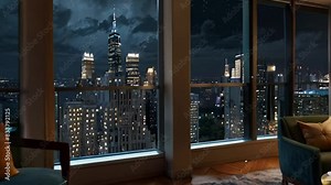Nighttime Cityscape View from Modern Apartment Window