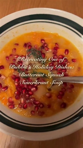 Bubbies Fine Foods on Instagram: "Recreating one of Bubbie’s iconic holiday dishes: Butternut Squash Sauerkraut Soup 🥣✨ It’s creamy, cozy, a little tangy, and exactly what you want on a chilly day. Sauté your veggies, simmer everything with a splash of sauerkraut brine, blend it creamy, and top with Bubbies, pomegranate, and fresh dill. Simple, nostalgic, SO GOOD."