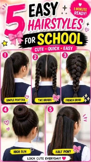 5 Easy School Hairstyles 💖 | Cute, Quick & Simple (1 Minute Ready!) #hairstyle #trending