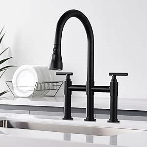 ARRISEA Bridge Kitchen Faucet with 3 Mode Pull-Down Sprayer 2 Handle 8 Inch Faucet for Kitchen Sinks 3 Hole Kitchen Sink Faucet, Fingerprint Resistant Spot Free Matte Black
