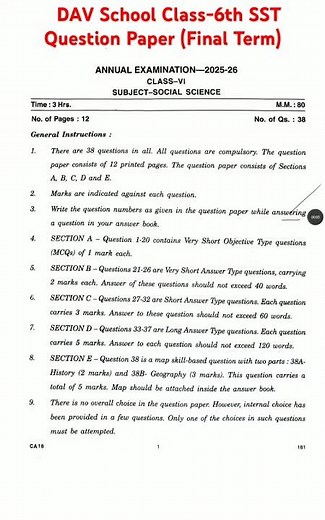 DAV School Class-6th SST Subject Annual Exam Question Paper #davschool #exampreparation #cbse #fyp