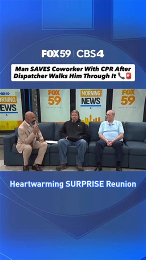 Man Saves Coworker with CPR After Dispatcher Walked Him Through It📞🚨 • This morning, Daniel Miller interviewed a man and a dispatcher he talked to over the phone after the man’s coworker had a heart attack. Bobby Martin jumped into action at work to save his coworker’s life and immediately got help. He called 911 and dispatcher Chad Williams walked him through CPR which saved James Rogers’ life. • Take a look at this heartwarming, surprise reunion of the three men. More on our website. • #fox5