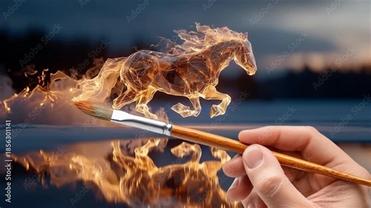The artist's hand paints with a brush the painting with the fiery horse it gallops and burns on the horizon fireworks flare up and take the form of the numbers 2026 Happy New Year.