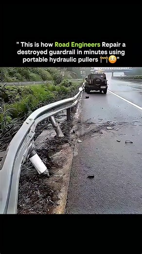 Popcorn Cafe🍿🎬 on Instagram: "When speed meets precision, even destroyed guardrails can be restored in minutes 🚧💪 Road engineers often face damaged guardrails that pose immediate safety risks. Using portable hydraulic pullers, they can fix them quickly without heavy machinery or prolonged road closures. These compact devices apply controlled force to realign bent or broken metal sections, pulling them back into position and securing them in place. What seems like a simple repair is actually 