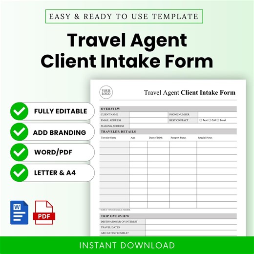 Travel Agent Client Intake Form Template – Word & PDF, A4 + US Letter - Etsy