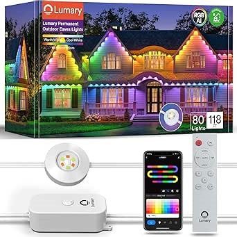 Lumary Permanent Outdoor Lights Pro 105ft with 80 LED RGBAICW Smart Eave Lights IP67 Waterproof for Easter, Halloween, Christmas Decoration, APP/Voice/Remote Control and Google Assistant