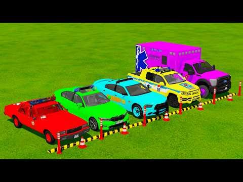 TRANSPORTING POLICE CARS CHEVROLET BMW DODGE VOLKSWAGEN AMBULANCE ENGINE WITH SCANIA TRUCK IN GARAGE