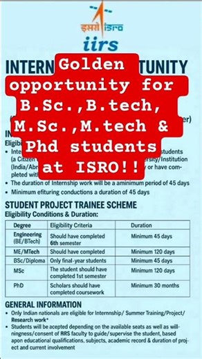 intership at iirs ISRO for B.sc.,B.tech,M.sc.,M.tech & phd students#Isro#viral #internship#trending