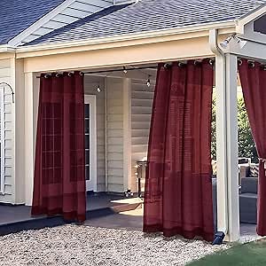 Macochico Outdoor Sheer Curtains for Patio Outdoor Net Curtains Outside Voile Drapes for Gazebo Porch Pergola Balcony Backyard Garden Beach 52" Wx84 L Grommet Sheer with Tieback Burgundy 1 Panel
