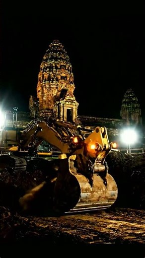 Night Excavation at Ancient Ruins: Heavy Machinery Under the Stars! 🏗️✨