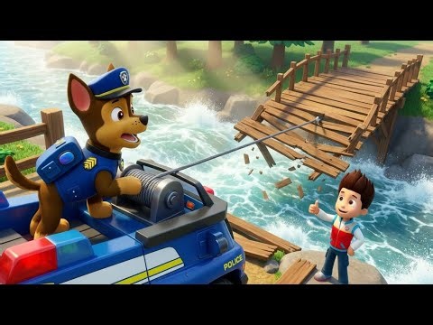 Chase Uses His Winch To Repair A Broken Wooden Bridge Over A Rushing River - Paw Patrol Animation