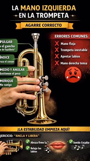 🖐️ La mano izquierda = el ancla del instrumento La mano izquierda no es decorativa ni solo para “sostener”. Su función principal es: • Estabilizar la trompeta • Absorber movimientos innecesarios • Liberar a la embocadura de presión • Permitir que la mano derecha toque libre y ligera Cuando la mano izquierda está floja o perezosa: ❌ la trompeta se mueve ❌ el sonido tiembla ❌ el registro agudo se vuelve inestable ❌ el cuerpo compensa apretando labios o boquilla Ahí nacen muchos vicios. ⸻ 😴 ¿Qué 