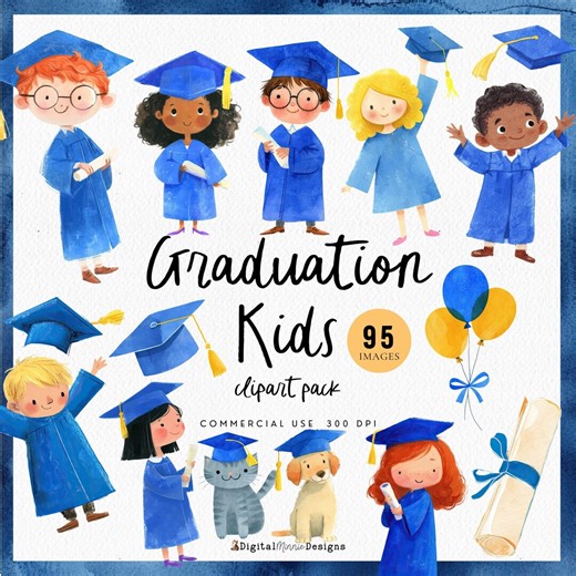 Blue and Gold Kindergarten Graduation Kids Clipart, Royal Blue and Yellow Prek Student Graphics for Graduation Party Invitation for Teachers - Etsy