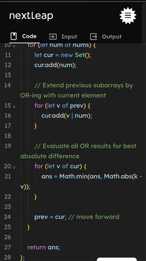 Minimum Absolute Difference Between K and Subarray Bitwise OR | JavaScript Solution Explained