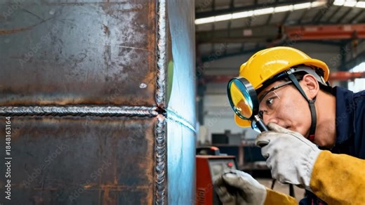 Quality control specialist evaluates welds immediately after completion checking for defects and ensuring compliance with safety standards on site.