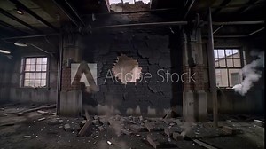 Blackened wall with large hole and scattered bricks after powerful explosion inside old building. Destruction atmosphere