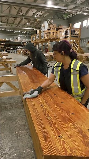 pre-finishing custom glulam beams with a custom-mixed stain #woodworking #stain #woodwork