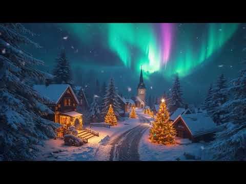 North Pole Christmas Village Ambience ❄️ Aurora Borealis, Relaxing Christmas Music & Snowfall Sounds