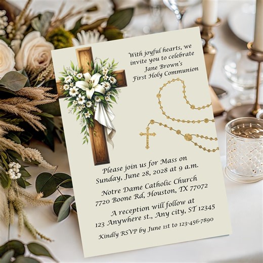 First Holy Communion Invitation Template | Cream Floral Cross & Gold Rosary | Editable Canva Design - Etsy