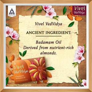 Experience the age-old embrace of Badamam Oil, extracted from nurturing almonds. Feel the tenderness it bestows upon your skin, a gentle touch from the heart of nature. #Vivel #VivelVedVidya #AncientBeautySecrets #TraditionalIngredients #SoftSkin #SmoothSkin #RadiantSkin #Chandan #Badamam #NaturalIngredients #SkincareRoutine | Vivel