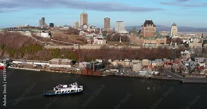 Quebec City skyline and ferry in spring from drone, Canada