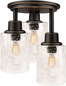 Semi Flush Mount Ceiling Light, 3-Light Close to Ceiling Light Fixtures, Vintage Oil-Rubbed Bronze Finish with Clear Seeded Glass Shade Chandelier Lighting for Stairs Porch Hallway Entryway Kitchen