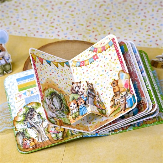 Pop Up Page Layout Tutorial for Birthday Scrapbook ✨ Today, I am sharing a very special project: a mini album with pop ups, made with the Graphic 45 “Hip Hip Hurray” collection “, which I’ve designed as a playful storybook around a tiny bear named “Benny” celebrating his very first birthday with his family and friends. This is the Story Behind the Album Instead of just making an album, I wanted to weave a little tale through its pages. So, imagine this: "Once upon a time, in a quiet woodland vil