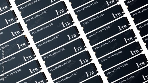 A 3D animation of multiple identical PCIe 4.0 NVMe M.2 SSDs (Solid State Drives), each with a storage capacity of 1 TB.