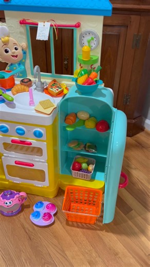 Watch the video! Cocomelon kitchen set. Turn the oven knob and it makes sounds/ songs! It also has a Leap Frog talking/ musical teapot for added fun. Lots of food and accessories. 35” tall x 24” across x 12” deep” . $30 | Sussex Cottage LLC
