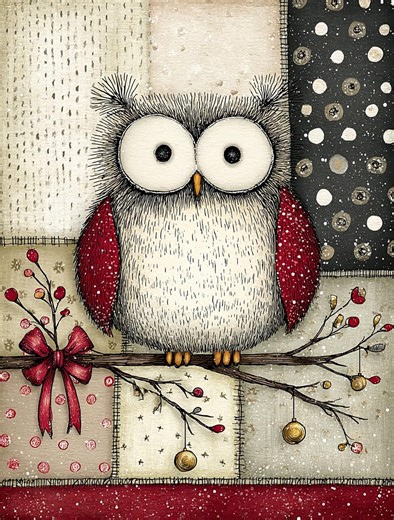 Patchwork Christmas Owl CLIPART, Folk Art Owl Illustration, Cozy Holiday Owl, Rustic Quilt Style, Winter Woodland Owl - Etsy